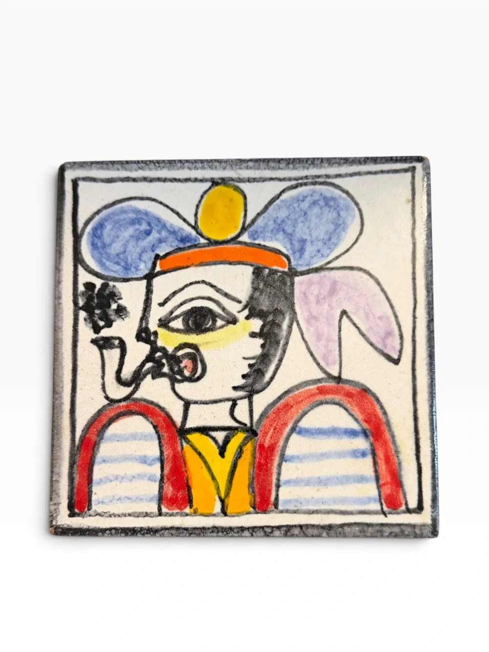 Ceramic Trivet Small Multicolor Abstract Face Art Tile Modern Kitchen Decor